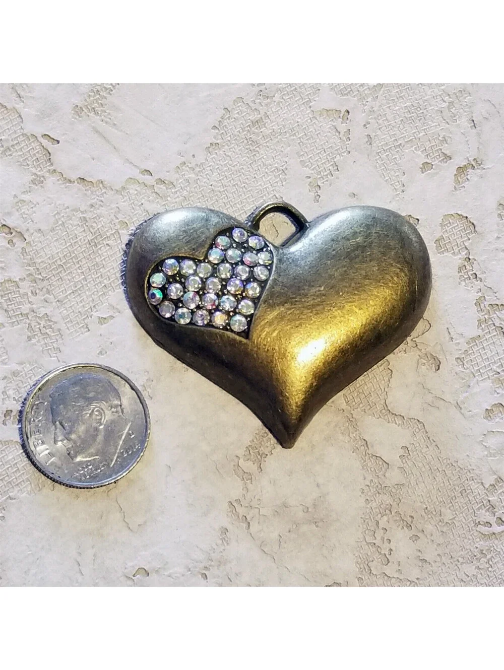 Antiqued Brass Pave AB Crystal Heart Pendant Minimalist Steampunk Retro Modern